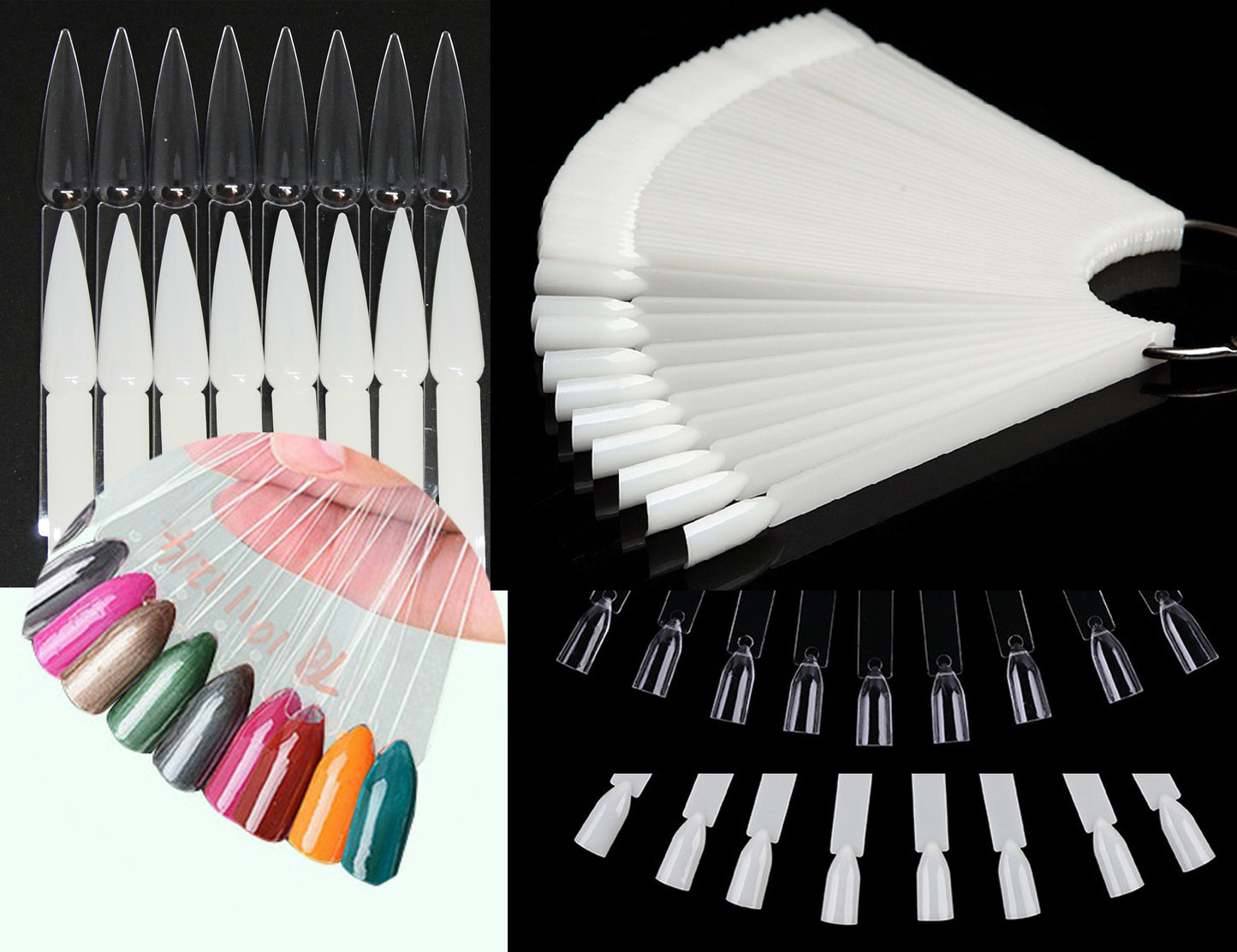 Long Stiletto Fan Nail Gel Polish Color Display Card/ Clear Natural Black False Nails Acrylic Nail Art Tips Display palette Color Card