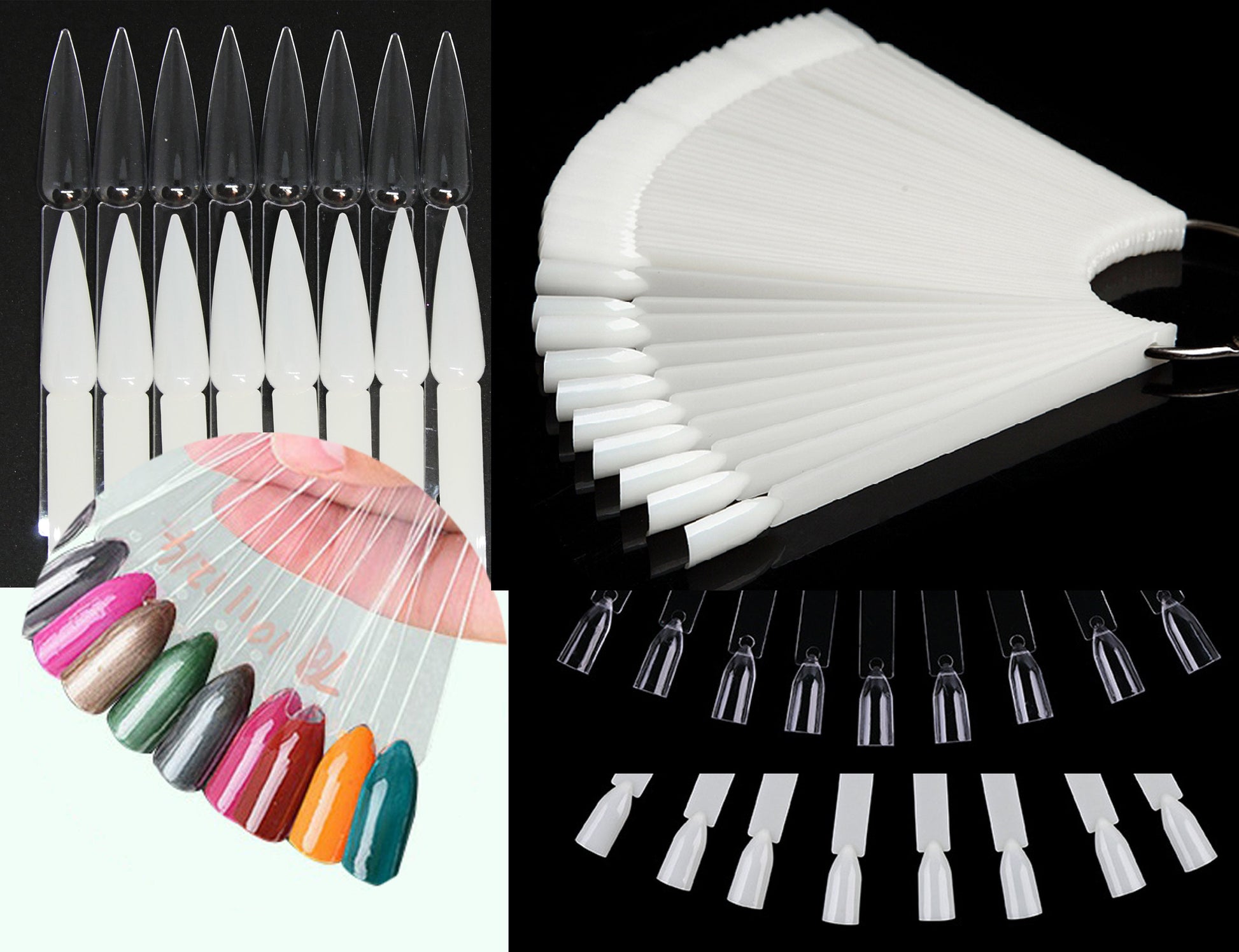 Long Stiletto Fan Nail Gel Polish Color Display Card/ Clear Natural Black False Nails Acrylic Nail Art Tips Display palette Color Card