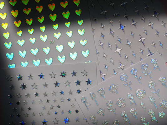 Holographic Silver Heart Star Rose Nail Stickers/ Iridescent Silver Reflective Peel off Sticker Decals/ Holiday Manicure Selection