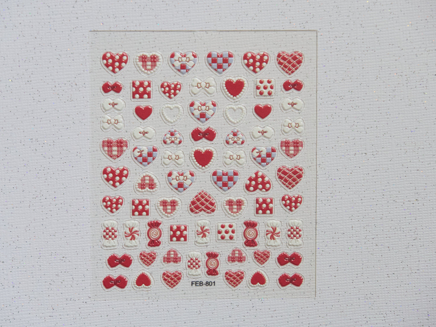 Red Heart 3D Nail sticker/ Plaid Dotted y2k Cute Embossing Bow & Hearts Nail Art Decals/ Leather Textured Carved Stencil Manicure