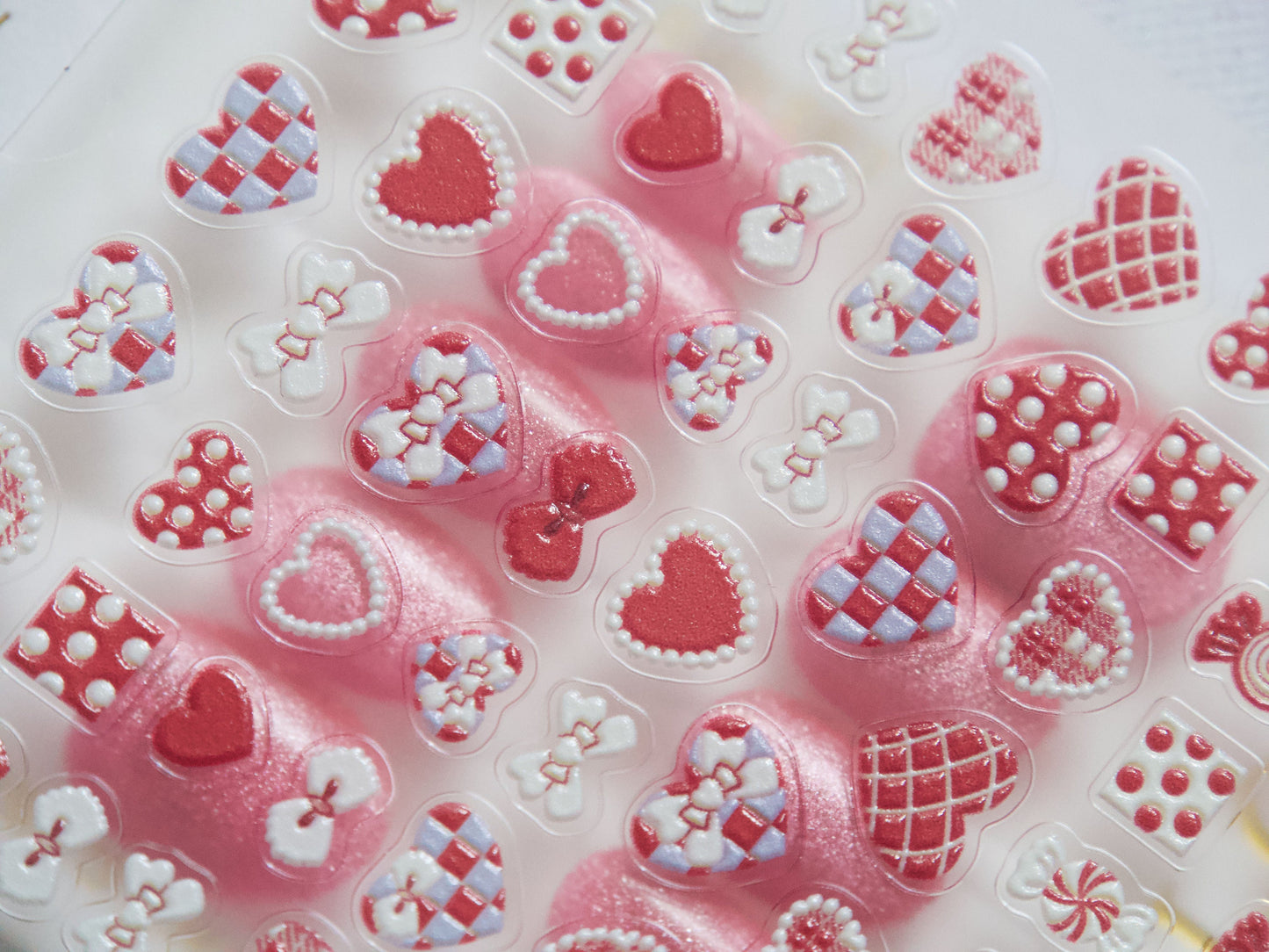 Red Heart 3D Nail sticker/ Plaid Dotted y2k Cute Embossing Bow & Hearts Nail Art Decals/ Leather Textured Carved Stencil Manicure