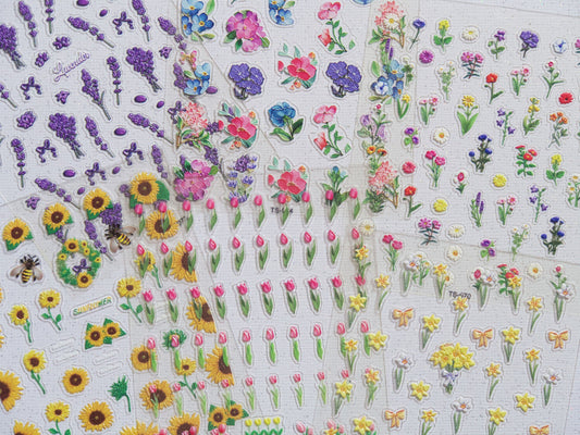 Floral Fantasy 3D Embossed Nail art Sticker/ Daffodil Sunflower Tulip Sunflower Lavender Nail Decals/ Blooming Bouquet Garden Manicure