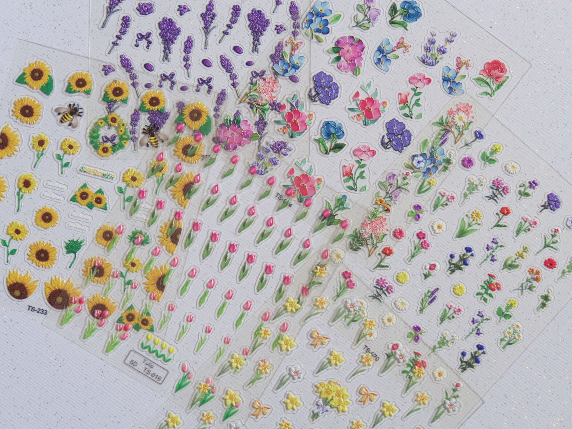 Floral Fantasy 3D Embossed Nail art Sticker/ Daffodil Sunflower Tulip Sunflower Lavender Nail Decals/ Blooming Bouquet Garden Manicure