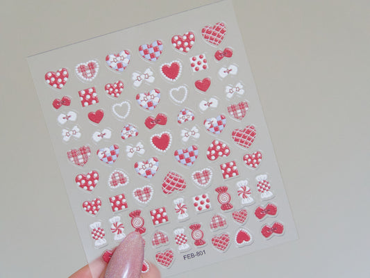 Red Heart 3D Nail sticker/ Plaid Dotted y2k Cute Embossing Bow & Hearts Nail Art Decals/ Leather Textured Carved Stencil Manicure