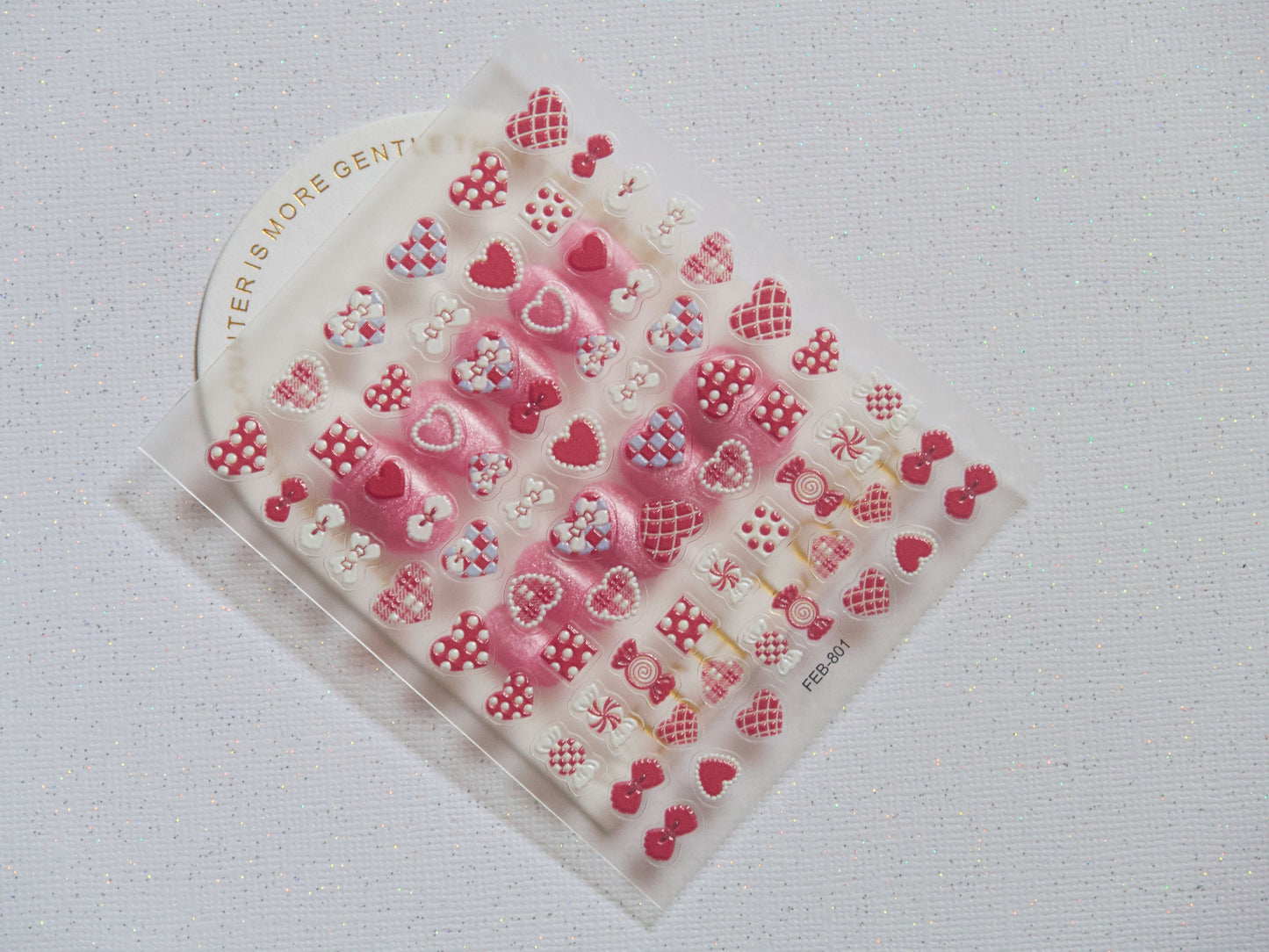 Red Heart 3D Nail sticker/ Plaid Dotted y2k Cute Embossing Bow & Hearts Nail Art Decals/ Leather Textured Carved Stencil Manicure