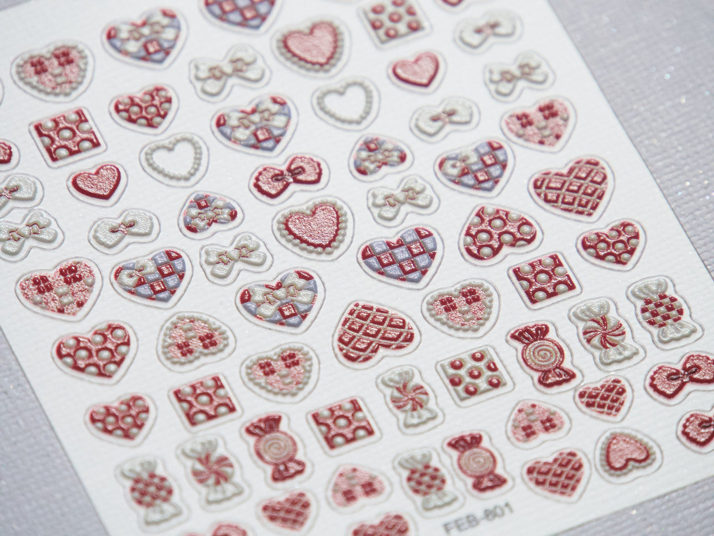 Red Heart 3D Nail sticker/ Plaid Dotted y2k Cute Embossing Bow & Hearts Nail Art Decals/ Leather Textured Carved Stencil Manicure