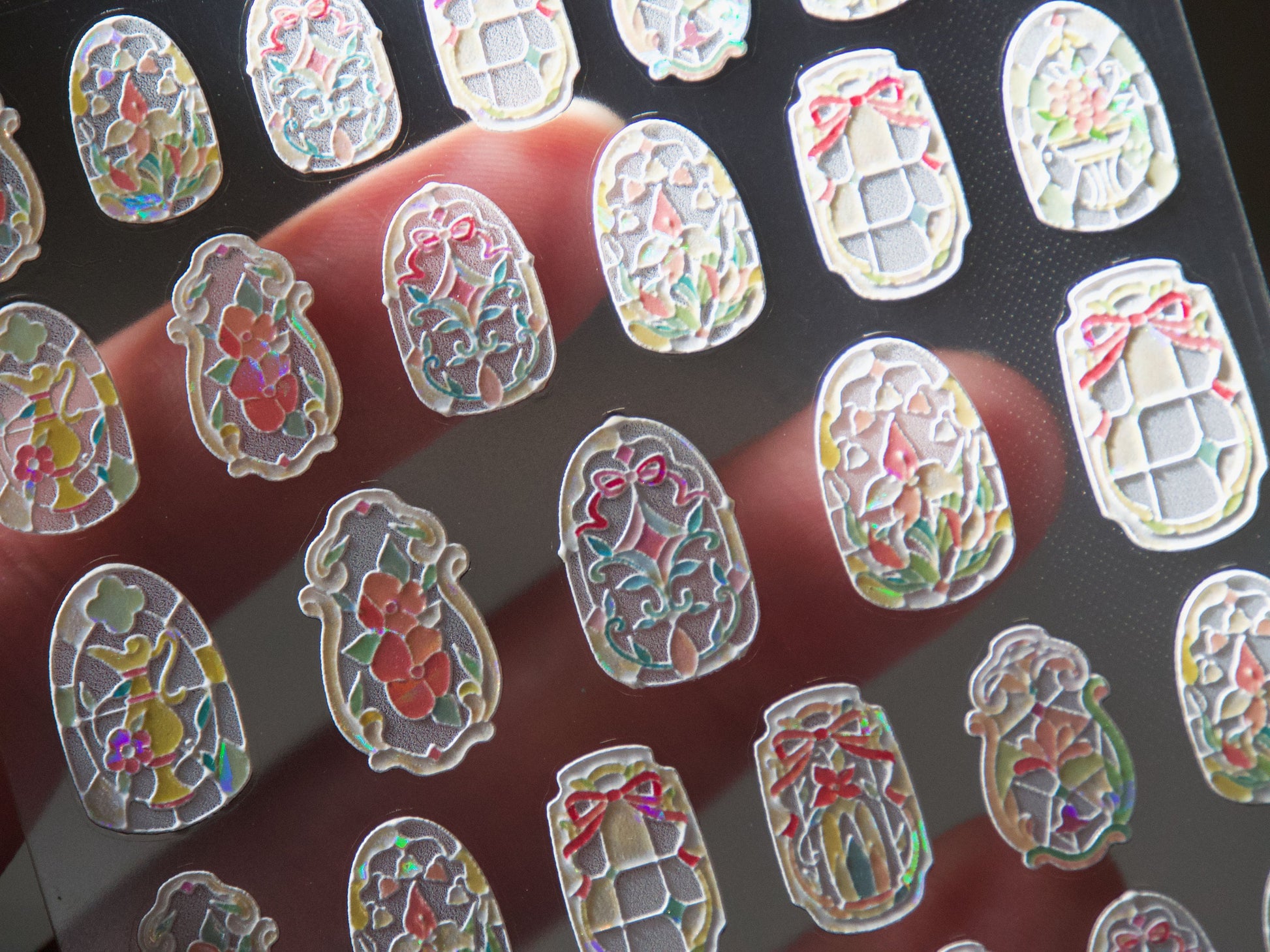 Stained Glass Windows Nail Art Sticker/ 3D Embossed Iridescent Vintage Windows of Church Stained and Decorative Glass pattern Nail Design