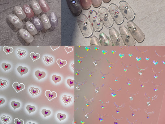 Heart Chain Bow Tie Gilding Metallic Finish Nail Sticker/Kawaii y2k Sweet love Nail Stickers Self Adhesive Decals/ Heart Rhinestone Manicure