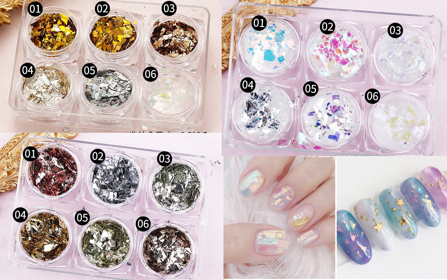 6 jars Irregular Flashy Laser Gold and Silver Foil Paper/Candy Laser Sequins Nail Art glitter set/ glass paper DIY flakes for UV resin gell