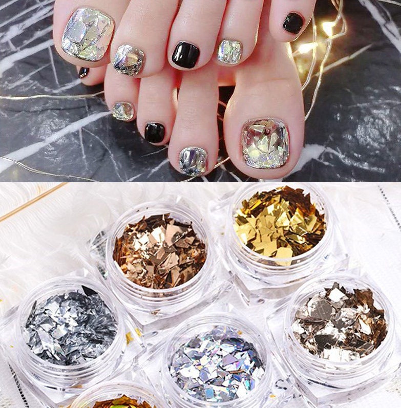 6 jars Irregular Flashy Laser Gold and Silver Foil Paper/Candy Laser Sequins Nail Art glitter set/ glass paper DIY flakes for UV resin gell