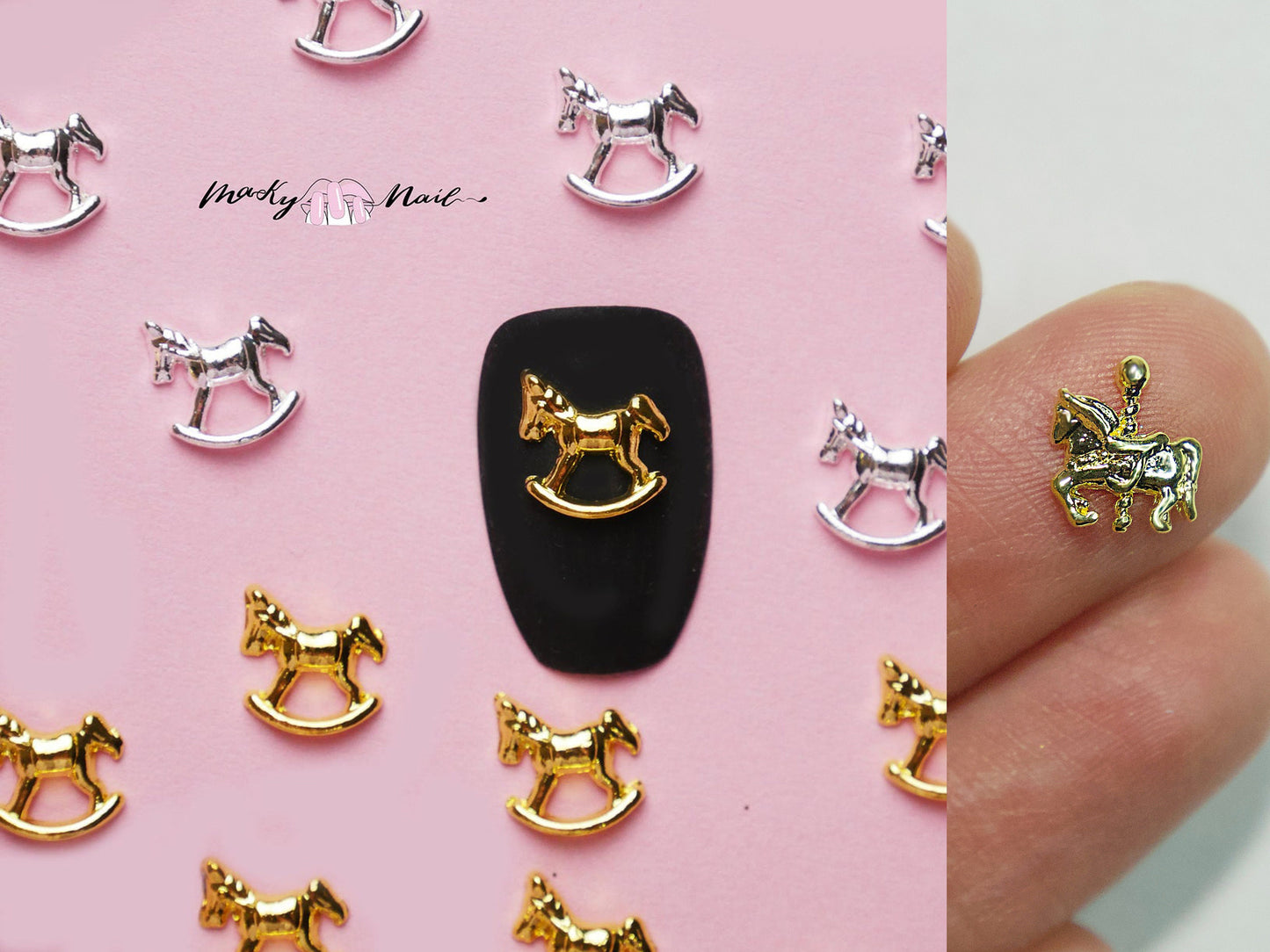 5 pcs wooden horse nail decoration/ silver gold horse merry-go-round Nail DIY nail deco/Theme park UV gel nail polish charm