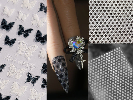 Bridal Dotting lace nail sticker/Butterfly Circle Dots 3D Nail Art Stickers Self Adhesive Decals/ Full Piece Ultra Thin Nail polish UV gel