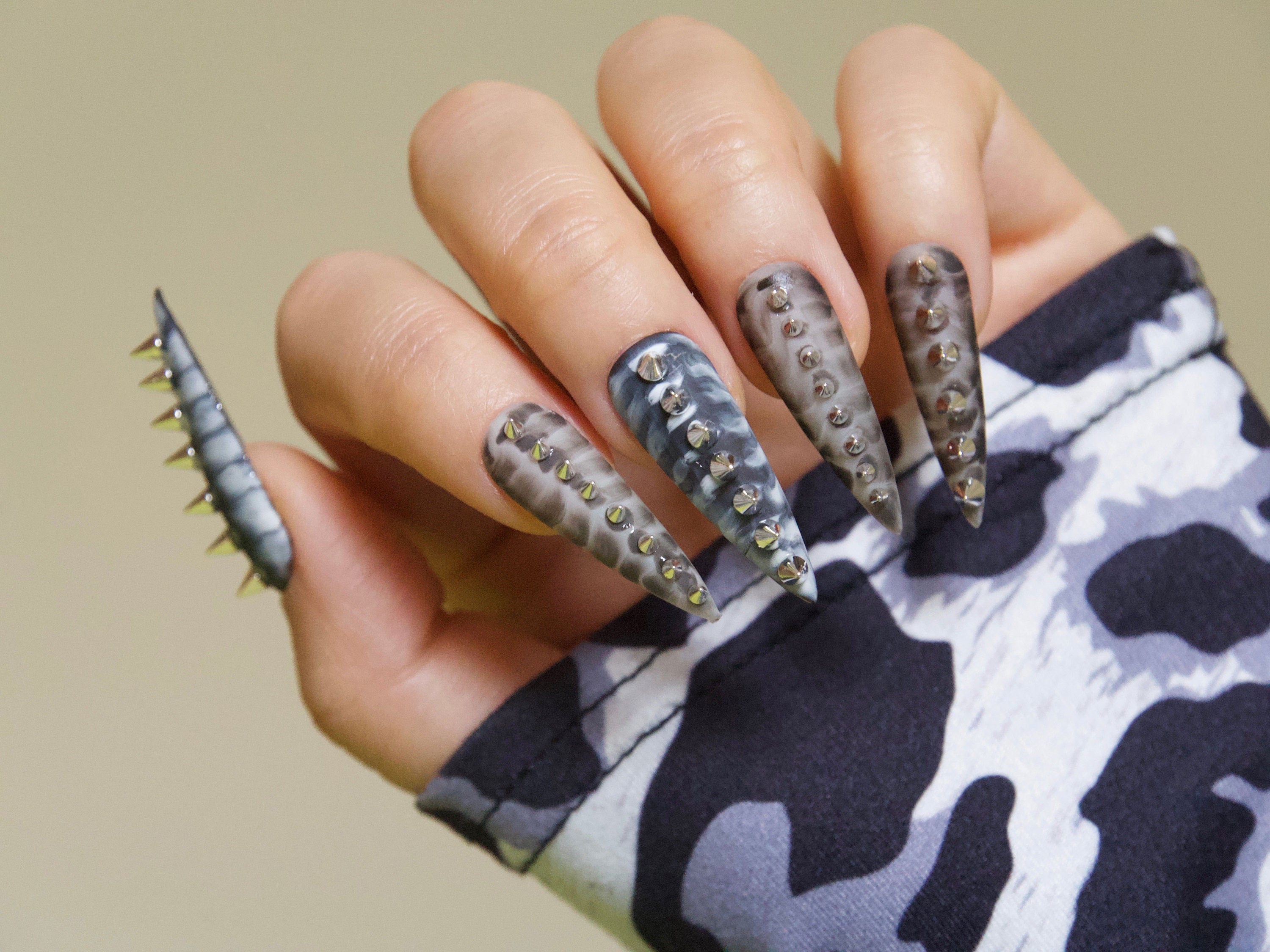 Extra Long Spiked Stiletto Press on Nails Black and Silver Fake Nails With  Spikes Biker Gothic Punk Style Deviant Claw Nails - Etsy