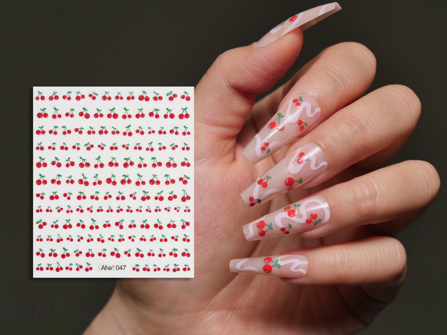 Red Cherry Nail Art Sticker/ Cherries Fruits DIY Tips Guides peel off  Stickers/ Kawaii Summer Nails Decal