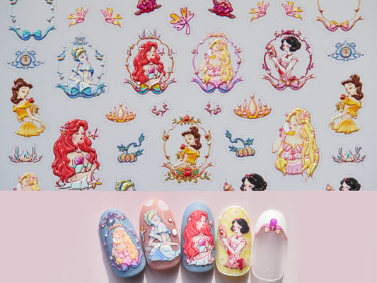 Disney Princess Nail Sticker Ariel Cinderella Snow White Sleeping Beauty Aurora Belle Cartoon Nail Stickers/ Fairy Tale Enchanted Kingdom